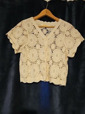 Rebellion Crochet Button-Front Crop Top in Cream